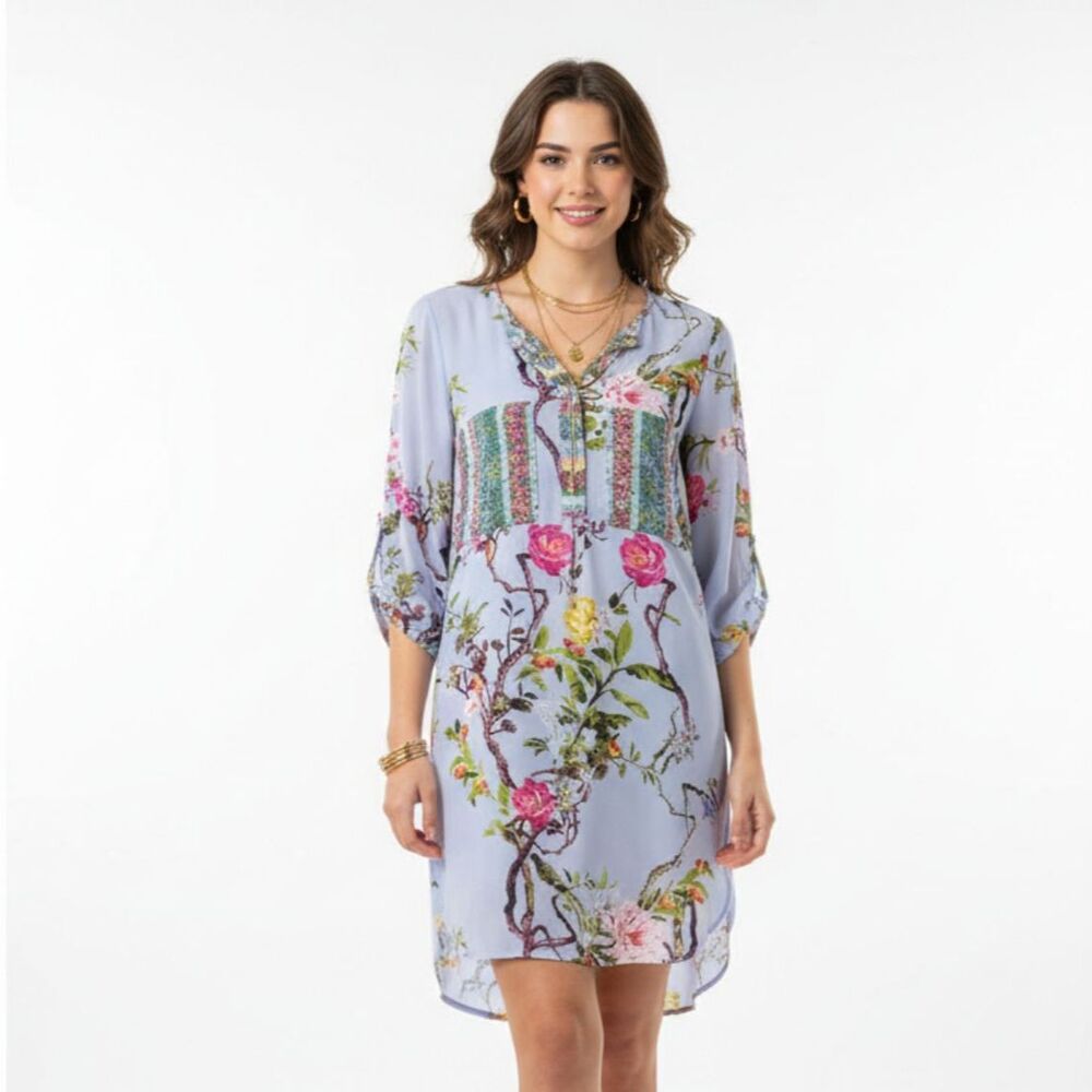 Figueroa & Flowers Blue Floral Long Sleeve Blouse Dress L